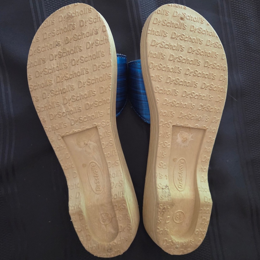 Dr Scholls Sandals Women Size 8.5 Blue Metallic Wooden Buckle Slides - Picture 4 of 9